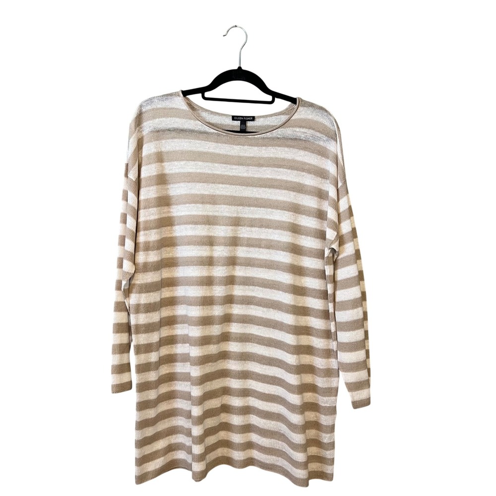Eileen Fisher Knit Tunic Sz XL Beige Striped Organic Linen Cotton Coastal Earthy
